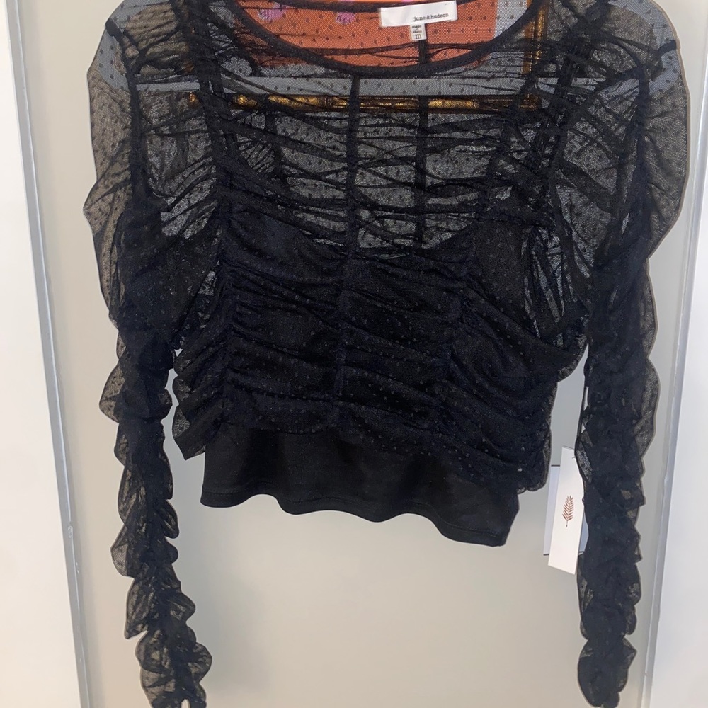 June and Hudson Black polka dot Long sleeve mesh shirt